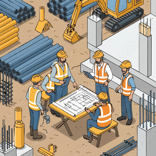 A team of construction workers reviews blueprints at a building site, discussing the project's progress and future developments.