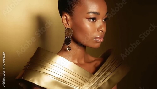 A young African woman with dark skin and a sleek bun wears a stylish golden outfit and large earrings. The background is a warm golden hue, enhancing her elegance.