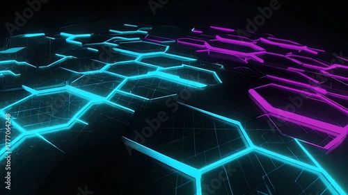Abstract rendering of a hexagonal surface with cyan and magenta glowing segments, set against a dark backdrop