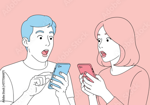 Couple shocked while looking at their smartphones together