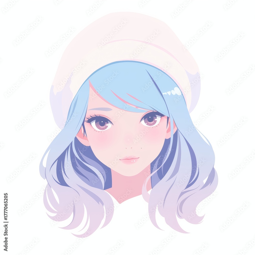 Fototapeta premium Minimalist pastel anime style girl portrait with white and blue hair for avatar, branding, or Japanese pop design.