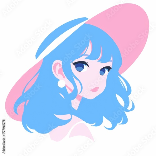 Minimalist pastel anime style girl portrait with white and blue hair  for avatar, branding, or Japanese pop design.