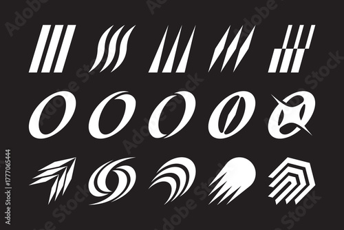 Streak geometric icon set. Speed dynamic form element design collection. Set of energy, aerodynamic, crescent, line, curved decorative bundle. Vector technology inspired symbol logo illustration pack