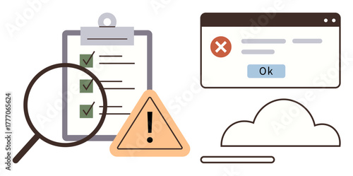 Checklist with magnifying glass, triangular warning, browser error message, and cloud element. Ideal for quality control, troubleshooting, system security, data analysis, risk assessment