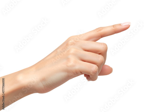 Close up of a woman s hand with index finger pointing upwards and to the right isolated on transparent background
