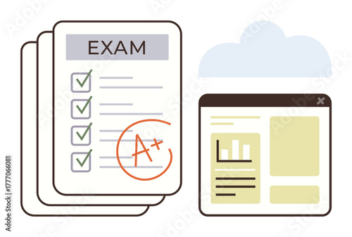 Exam sheet with checklist and A grade next to web dashboard showing data charts and text. Ideal for education, testing, results, online learning, analytics, assessment, academic success. Simple flat