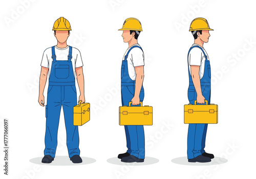 Three construction workers with tools in overalls and helmets