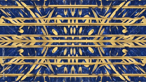 Abstract, symmetrical pattern features gold geometric shapes on a marbled blue background. The shapes form a repeating design