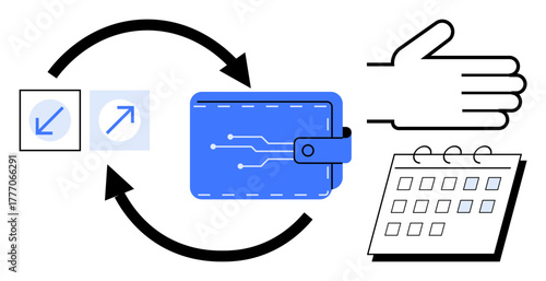 Wallet with circuit design, bidirectional arrows highlighting money flow, hand gesture, and calendar denoting transaction tracking. Ideal for finance, savings, investment, accounting, payment