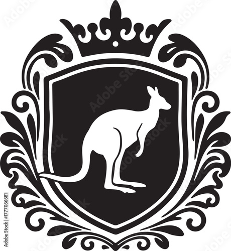 Kangaroo Silhouette Emblem Crest Shield Animal Mammal Marsupial Australian Icon Symbol Design Element Isolated Background