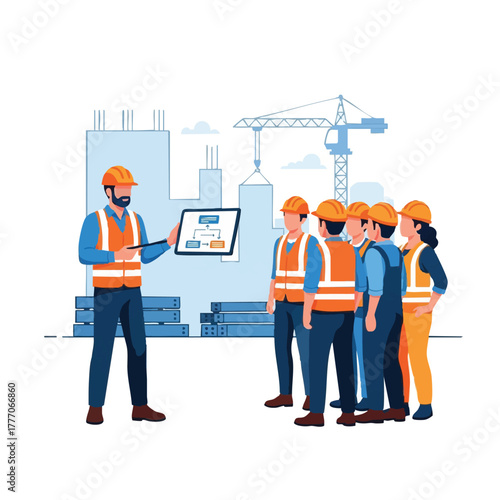 A construction foreman presents a plan to a group of construction workers, emphasizing teamwork and project organization on site.