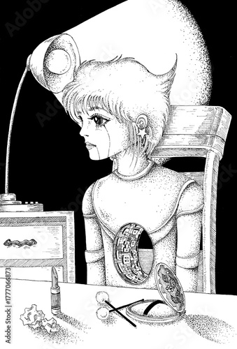 モノクロームイラスト・手描き・ペン画 - 少女・アンドロイド・化粧台・口紅・ライト