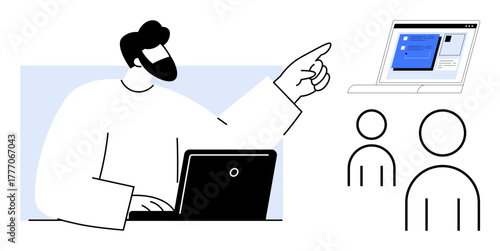 Person presenting using a laptop while pointing at a virtual screen, viewed by simplified audience figures. Ideal for online meetings, remote work, education, collaboration, business communication