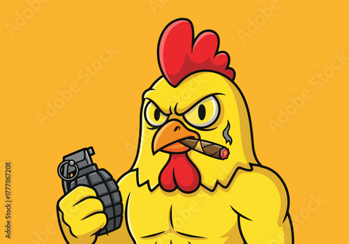 Furious rooster gaming logo with cigar and grenade - Gaming logo - Gaming Mascot - esport mascot vector illustration