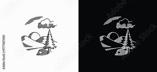 Minimal mountain and pine logo in line art style, representing nature, peace, and outdoor adventure in black and white version