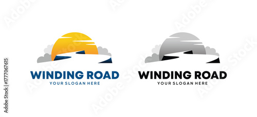 Outdoor adventure logo with winding road and sun, symbolizing travel, journey, and freedom with a modern and minimal style