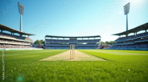 Empty cricket stadium with wickets and green grass under a clear blue sky