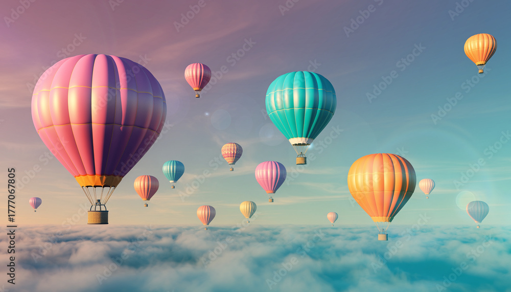 Naklejka premium Hot air balloons float above clouds in a colorful sky.