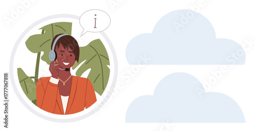 Customer support agent smiling with headphones and microphone, speech bubble emphasizes communication. Ideal for client service, teamwork, online help, consultation, communication, business, simple
