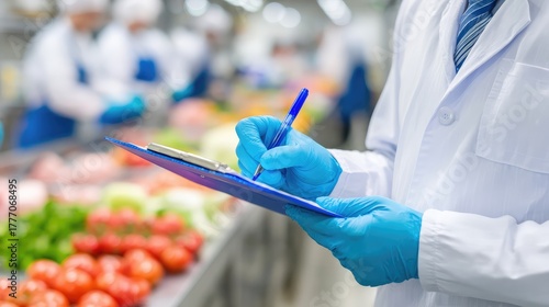 Quality inspectors wearing gloves use a whiteboard to record the fresh vegetables and fruits they inspect and prepare for sale. This embodies the concepts of food safety inspection, grocery store mana