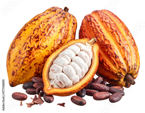 Fresh cacao pods and beans with one pod cut open revealing white pulp and seeds isolated on transparent background
