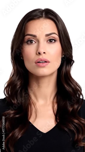 Attractive woman with brown curly hair, looking upwards thoughtfully, finger on her lip