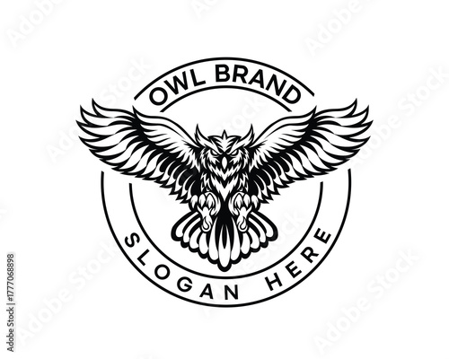 creative owl flying logo, we present an owl landing in a circle, very suitable for your brand, or maybe tattoos and others