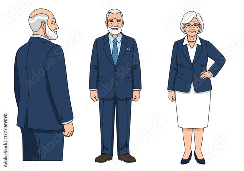 Three elderly professionals in business attire standing