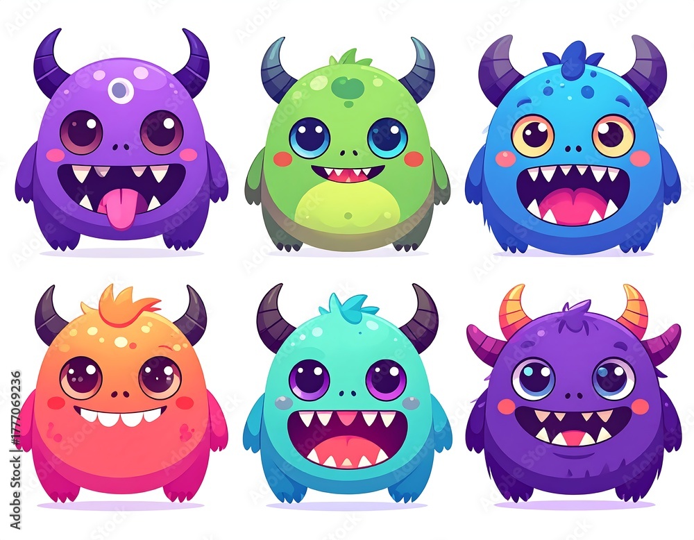 Obraz premium Six cartoonish monsters with varying colors and expressions
