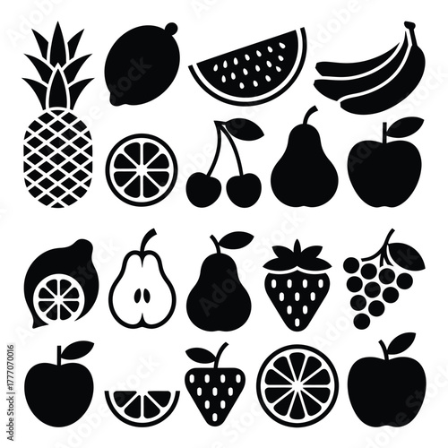 Collection of black and white fruit silhouettes on white background