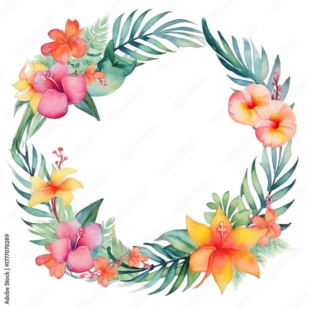 Obraz premium Watercolor tropical wreath with hibiscus and palm leaves