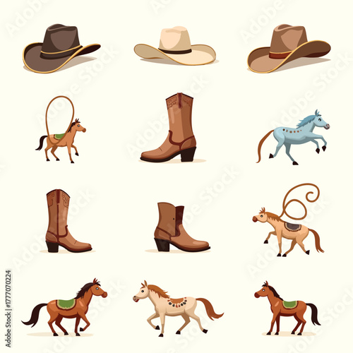 Cowboythemed stock photo features hats, boots, ropes, and horses, capturing the essence of the wild west. Perfect for westerninspired designs.
