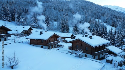 A snow-covered village nestled in a valley, with wooden houses smoking chimneys, surrounded by frosted evergreen trees