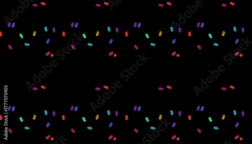 Seamless multicolor confetti pattern on dark background. Festive repeating design for parties, events, celebrations, and playful digital artwork.