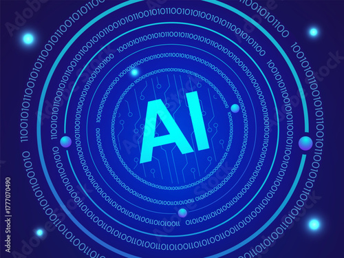 Artificial intelligence with Futuristic AI circles Algorithm Binary Code Digits moving blue light effect on blue dark background vector design concept. AI technology for advance technology, automation