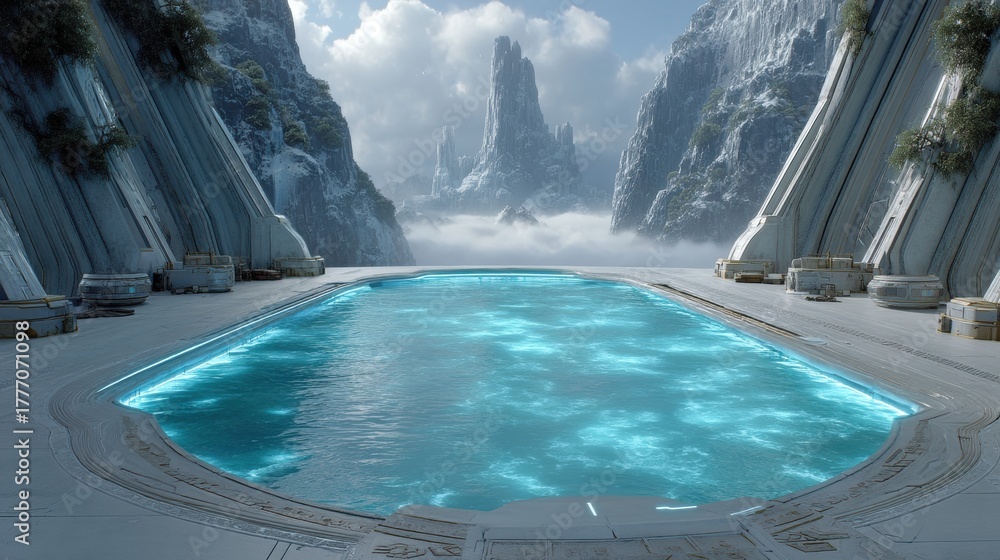 Fototapeta premium Experience the Enchantment of Santa Claus by the Poolside Waterfall: A Magical Holiday Encounter