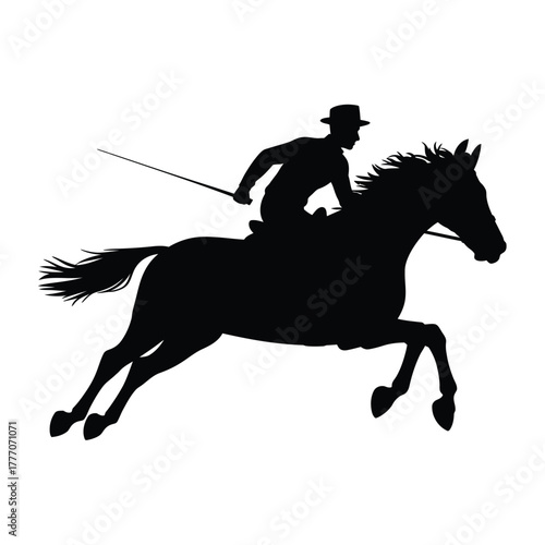 Silhouette of a jockey riding a horse at full gallop