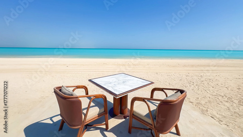 Fotografie Elegant outdoor dining set with a marble table and rattan chairs directly on the