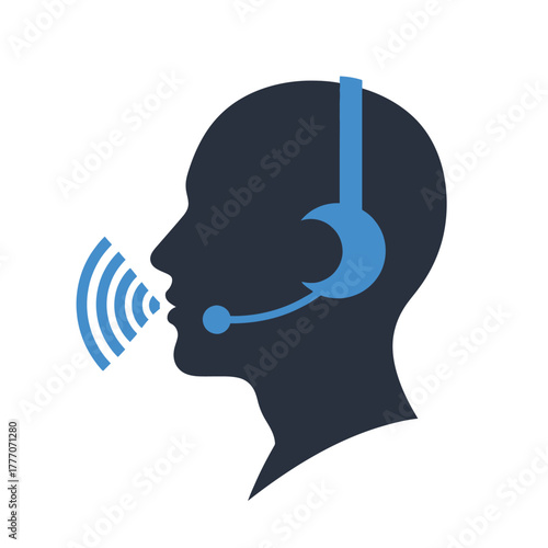 Profile silhouette of a person wearing a headset and microphone, emitting sound waves, signifying voice transmission