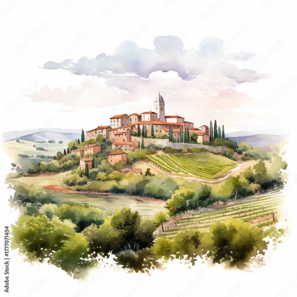 Fototapeta premium Picturesque village nestled on a hilltop overlooking vineyards