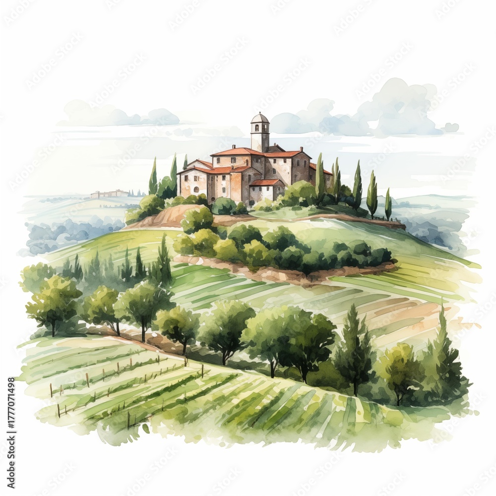 Fototapeta premium Tuscan villa nestled on a hillside amongst vineyards