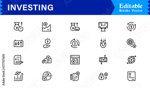 Investing line icon set with professional, modern, minimal designs featuring unique financial symbols, stock market elements, and clean vector style for premium digital projects