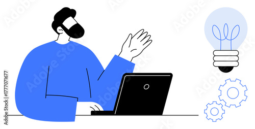 Person presenting ideas near a laptop as a glowing lightbulb and gears symbolize creativity and teamwork. Ideal for innovation, business communication, technology, brainstorming, education