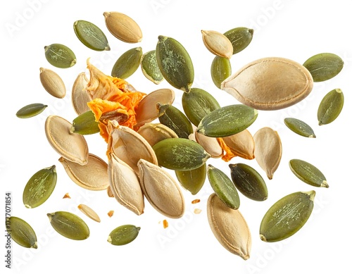Scattered pumpkin seeds and a dried piece against a white background