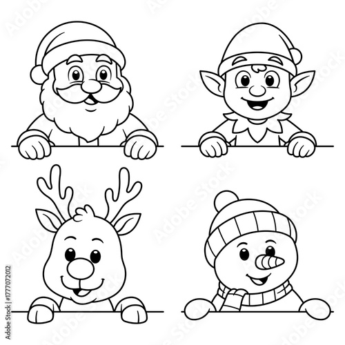 Cartoon Peeking Christmas Character Black and White Illustration