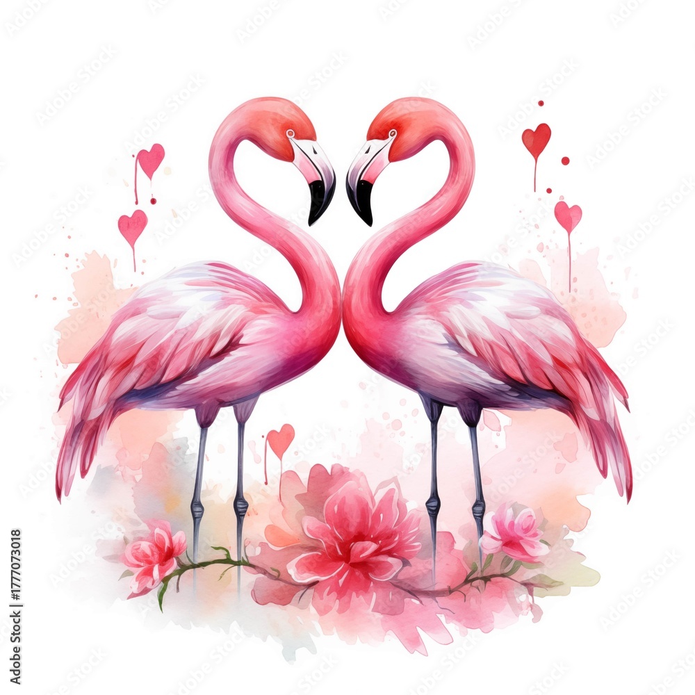 Naklejka premium Two flamingos forming a heart shape with their necks, surrounded by pink flowers and watercolor hearts