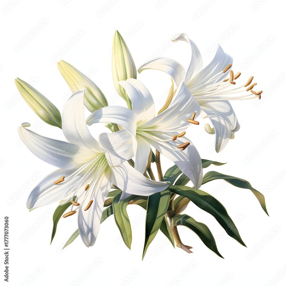 Obraz premium Elegant white lilies with green leaves against a white background