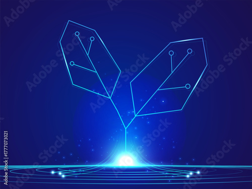 Artificial Intelligence with Digital Plant Growing circuit board lines and Blue Light Effect on dark blue background vector design concept. AI technology for advance technology, automation, website.