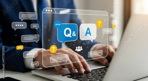 Q&A Hologram Over Laptop — Floating Chat Bubbles and Question Marks