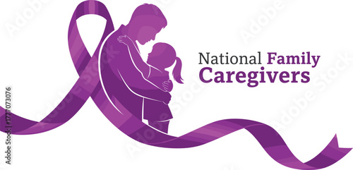 Family caregivers vector—purple ribbon with adult and child embrace for compassion, support, and caregiving-themed awareness campaigns